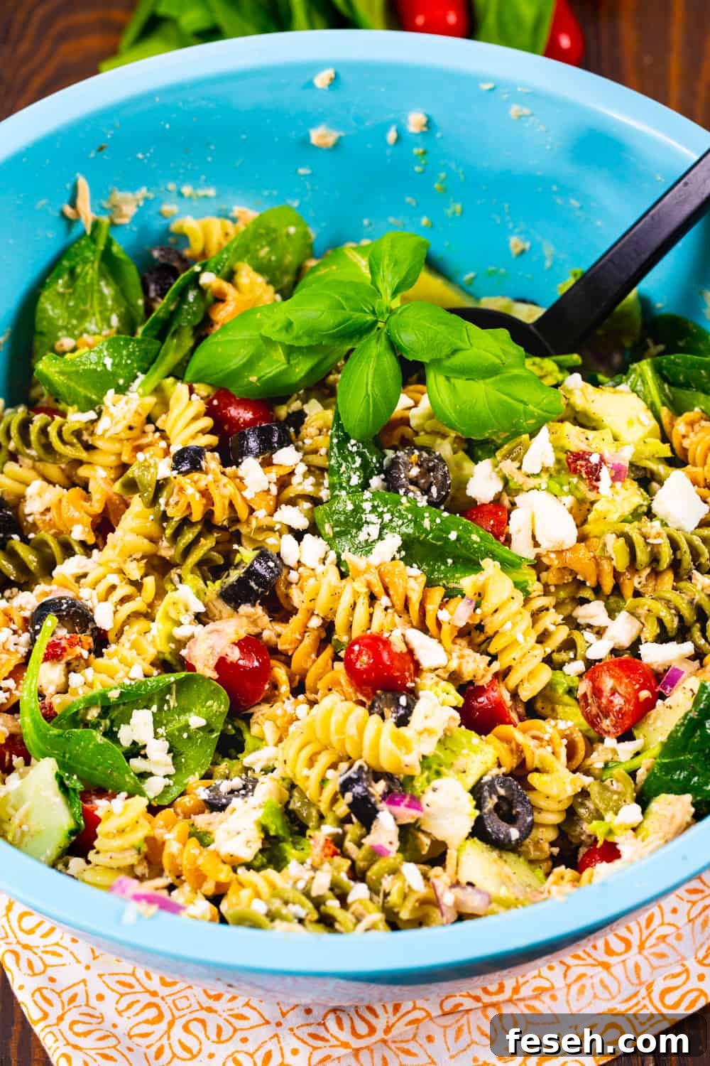 Tuna Pasta Salad with Balsamic Vinaigrette in a large blue bowl.