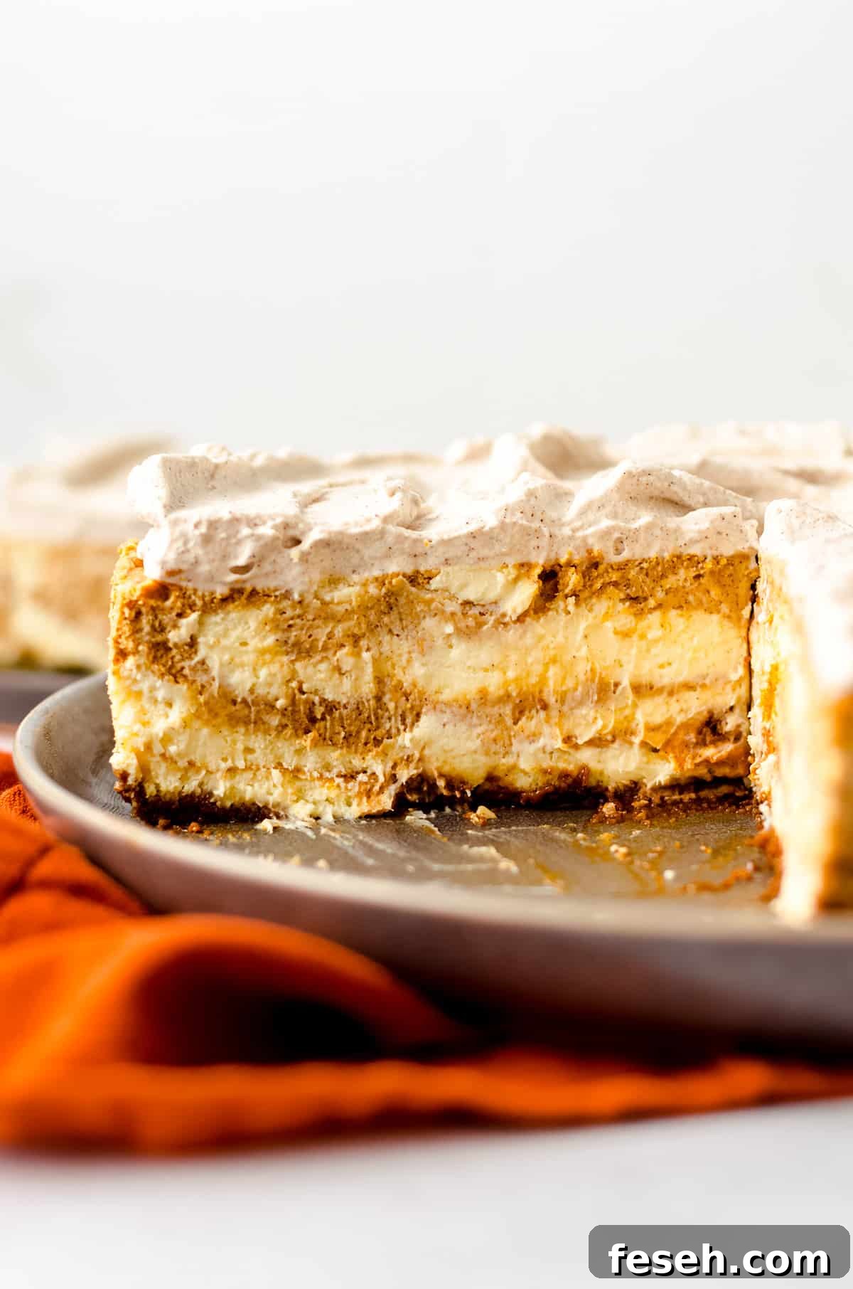 A side view of a large pumpkin swirl cheesecake.