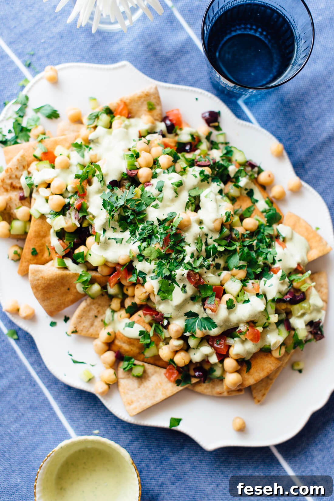 Fresh Greek Nachos with Herbed Tahini Sauce