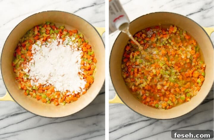 sauteing mirepoix and adding flour and chicken broth for chicken noodle soup in a dutch oven