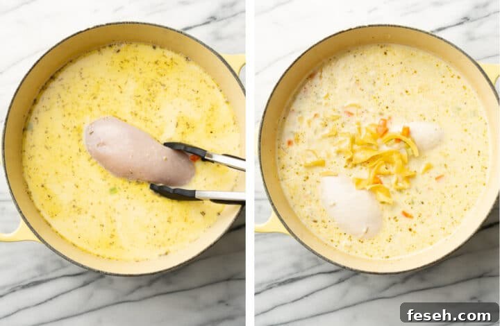 adding chicken and noodles to a dutch oven for soup