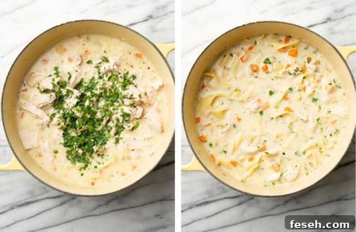 adding parsley to a soup pot with creamy chicken noodle soup