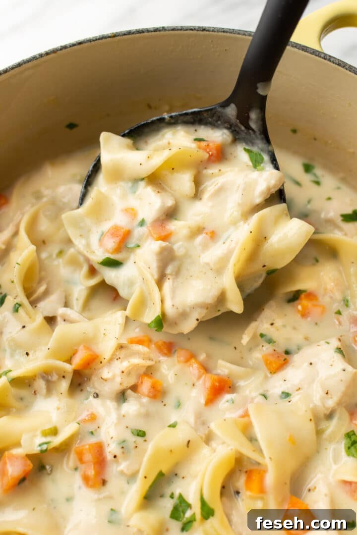 a ladle of creamy chicken noodle soup in a dutch oven