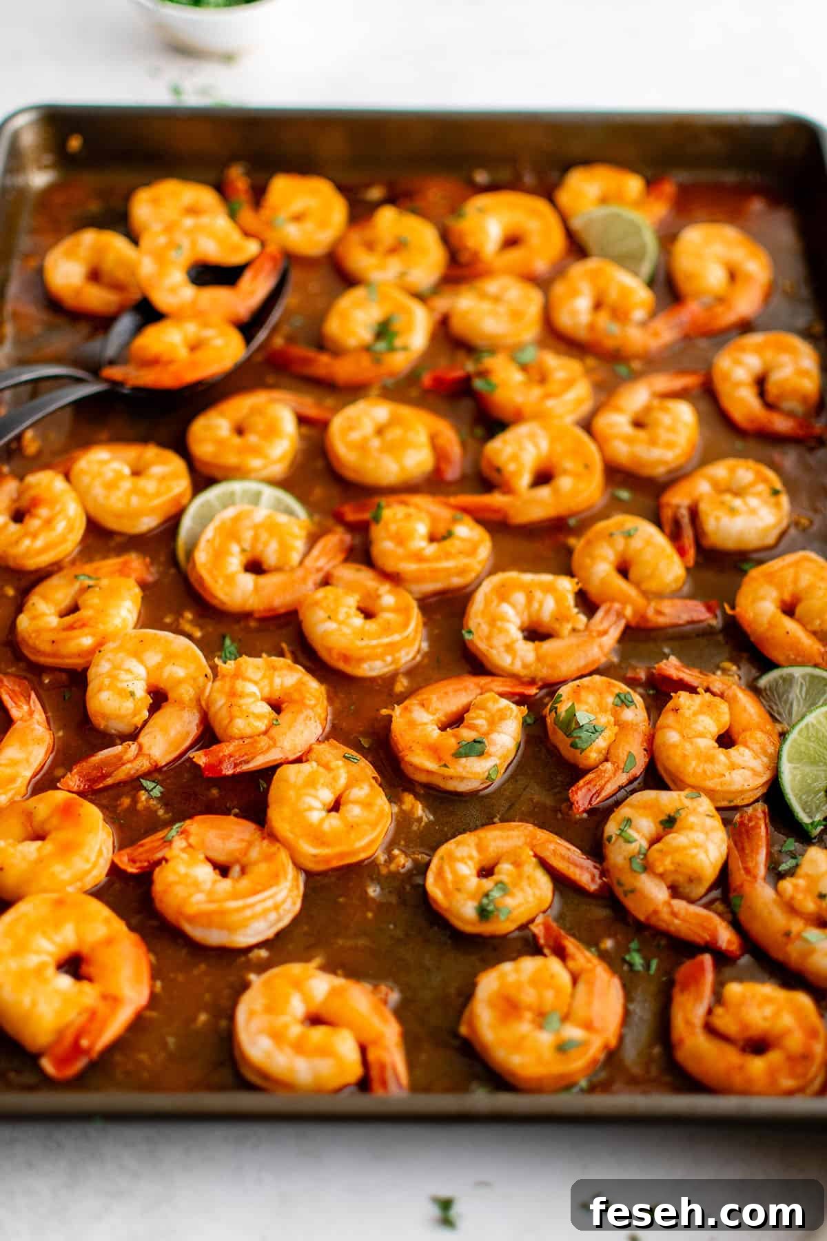 Sriracha shrimp on a sheet pan