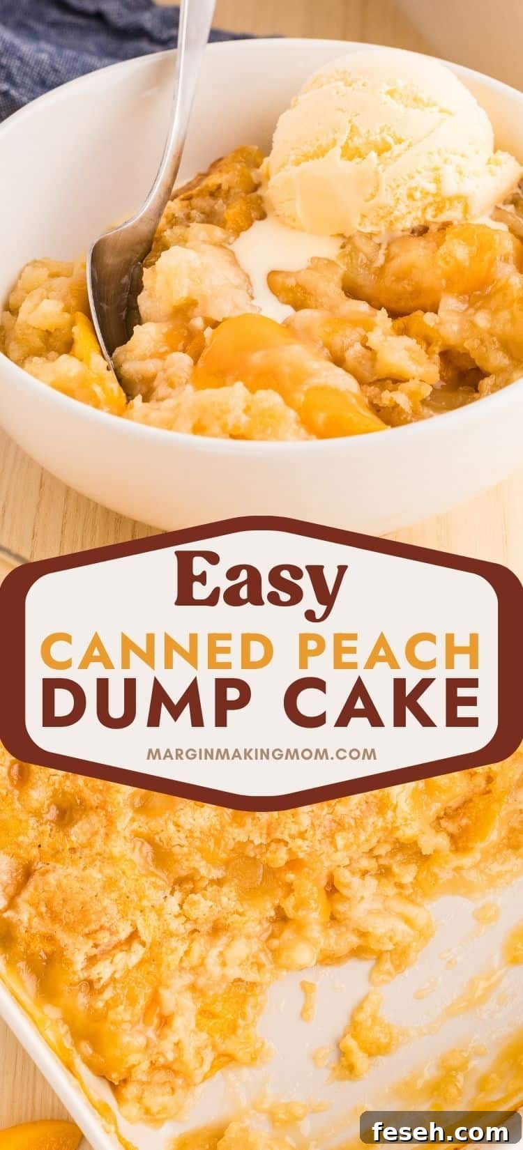 two photos; one shows peach cobbler in a white bowl, topped with ice cream. The other shows the pan of peach dump cake with some of the dessert scooped out of the dish.