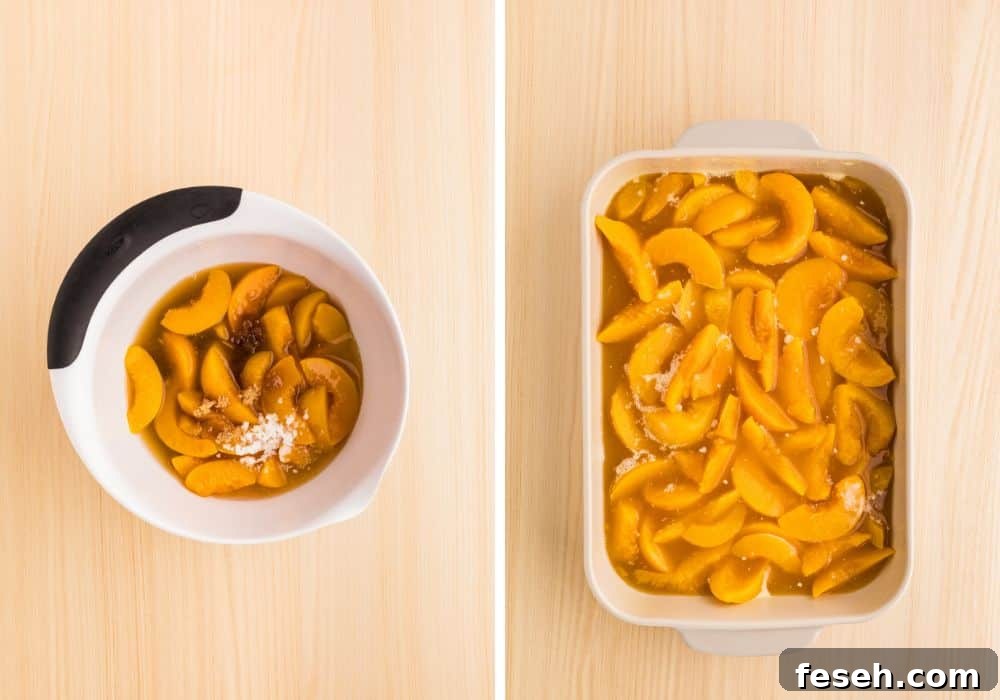 two photos; one shows cobbler filling ingredients in a white mixing bowl; the other shows the filling in a 9x13" baking dish.