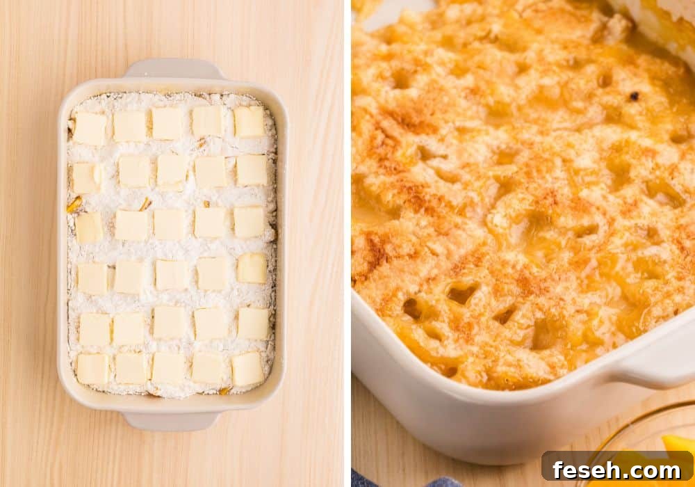 two photos; one shows butter pats over a dry cake mix in a baking dish; the other shows freshly baked peach cobbler with a golden-brown crust.