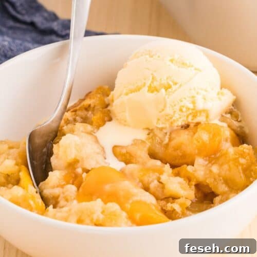 a serving of peach cobbler dump cake in a white bowl, topped with a scoop of vanilla ice cream. A spoon is in the bowl.