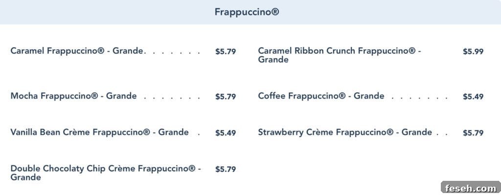 Frappuccino menu from Creature Comforts.