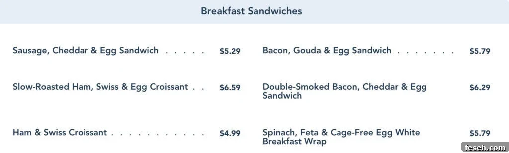 breakfast sandwich menu from Creature Comforts.