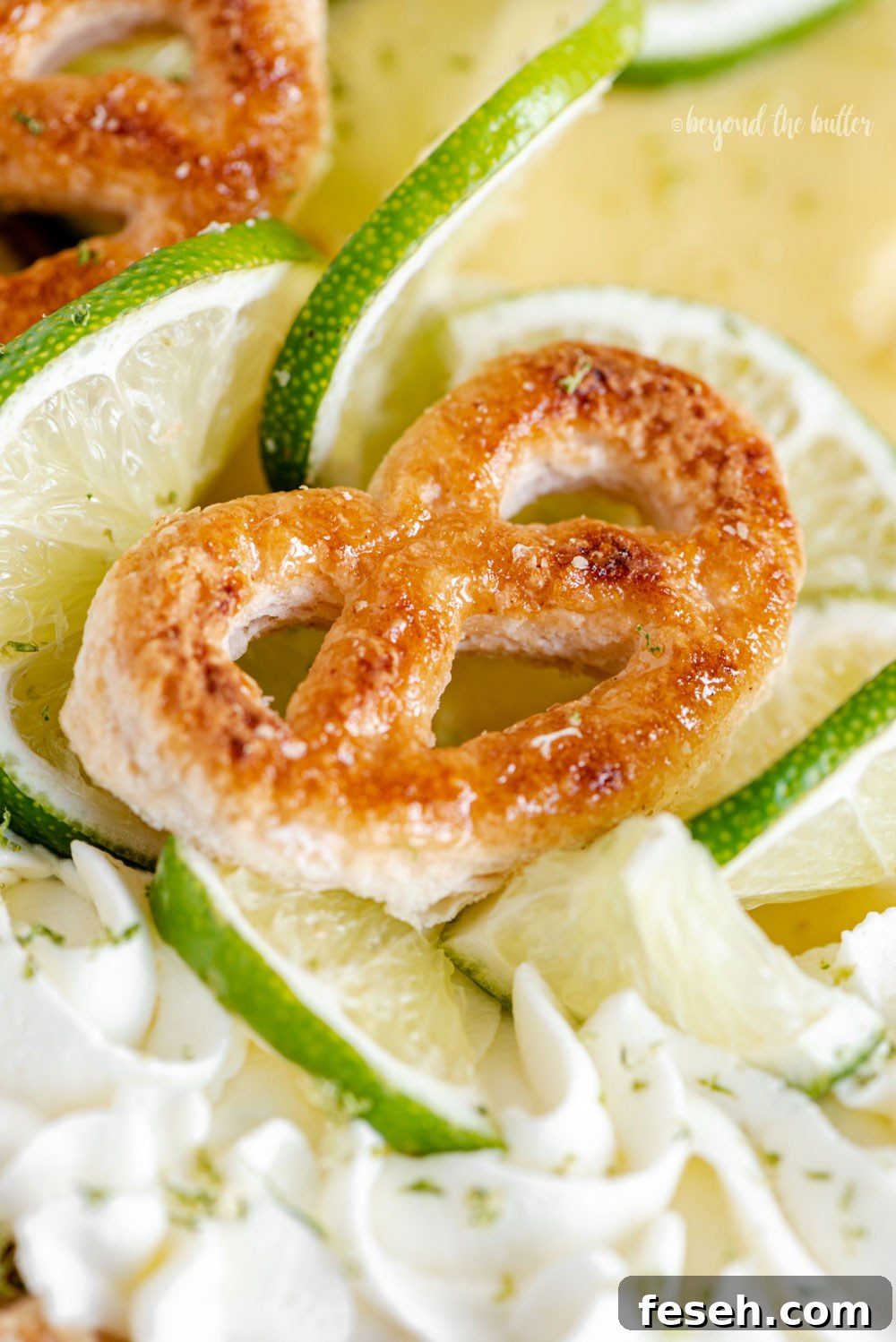 Easy Key Lime Pie decorated with homemade whipped cream, puff pastry twists, and sliced limes | Image and Copyright Policy: © Beyond the Butter, LLC