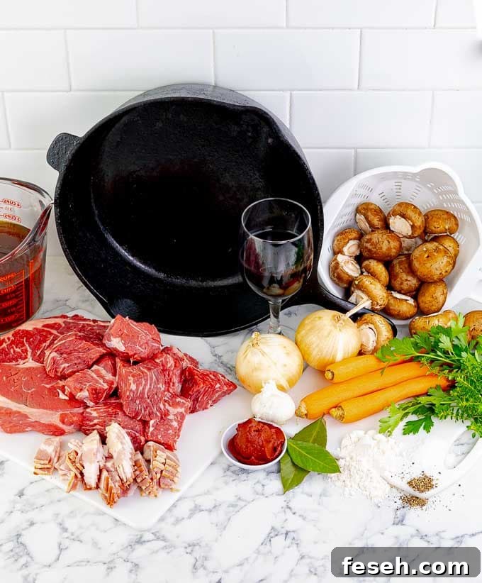ingredients for Red Wine Beef Stew with Mushrooms and Carrots