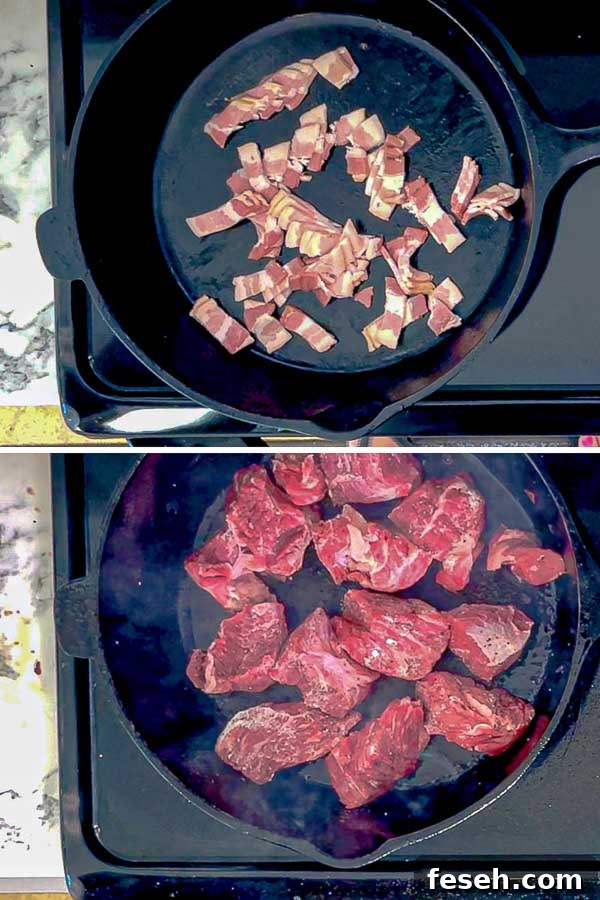 meat and bacon steps for Red Wine Beef Stew with Mushrooms and Carrots