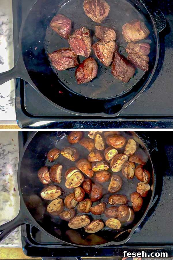 steak cubes and mushrooms searing for Red Wine Beef Stew with Mushrooms and Carrots