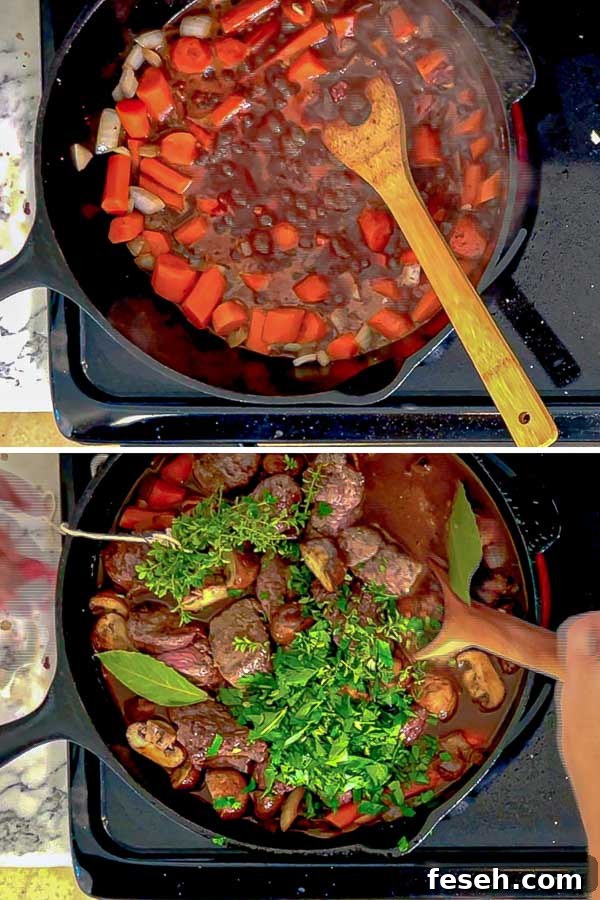 wine reducing and adding ingredients back to Red Wine Beef Stew with Mushrooms and Carrots
