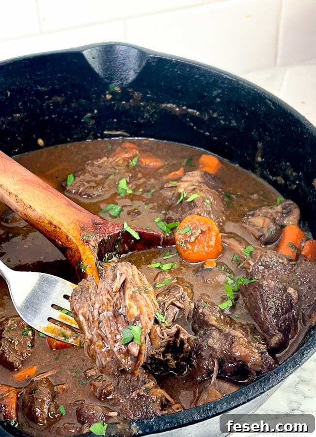 dutch oven with Red Wine Beef Stew with Mushrooms and Carrots