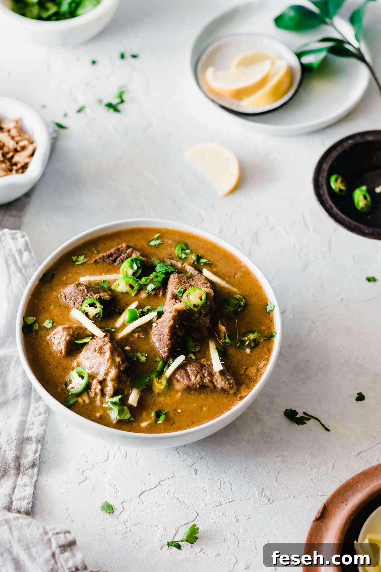 A bowl of Instant Pot Nihari garnished with cilantro, green chilies and ginger.