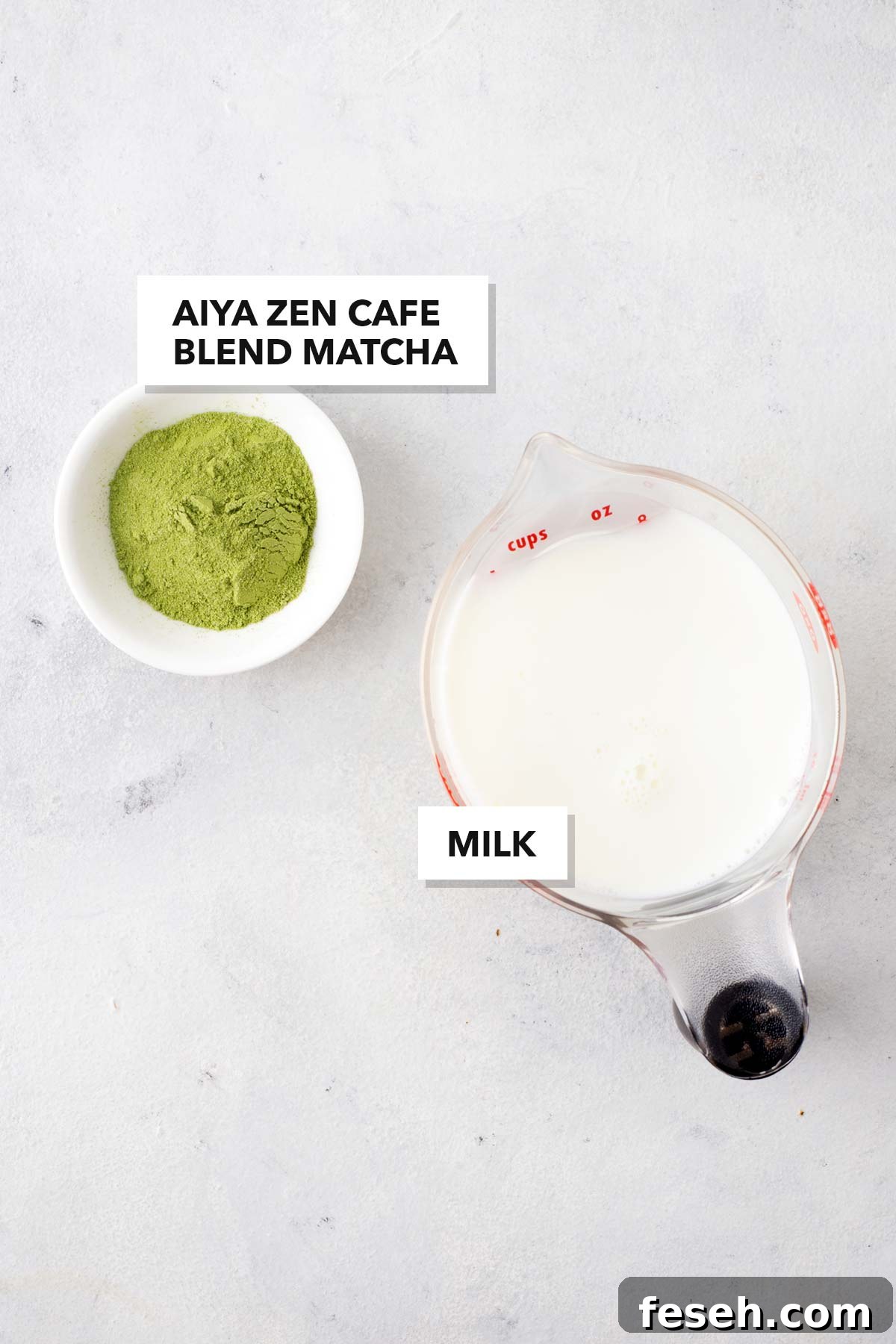 Dunkin' Matcha Latte Copycat  ingredients measured in cups and labeled on a table.