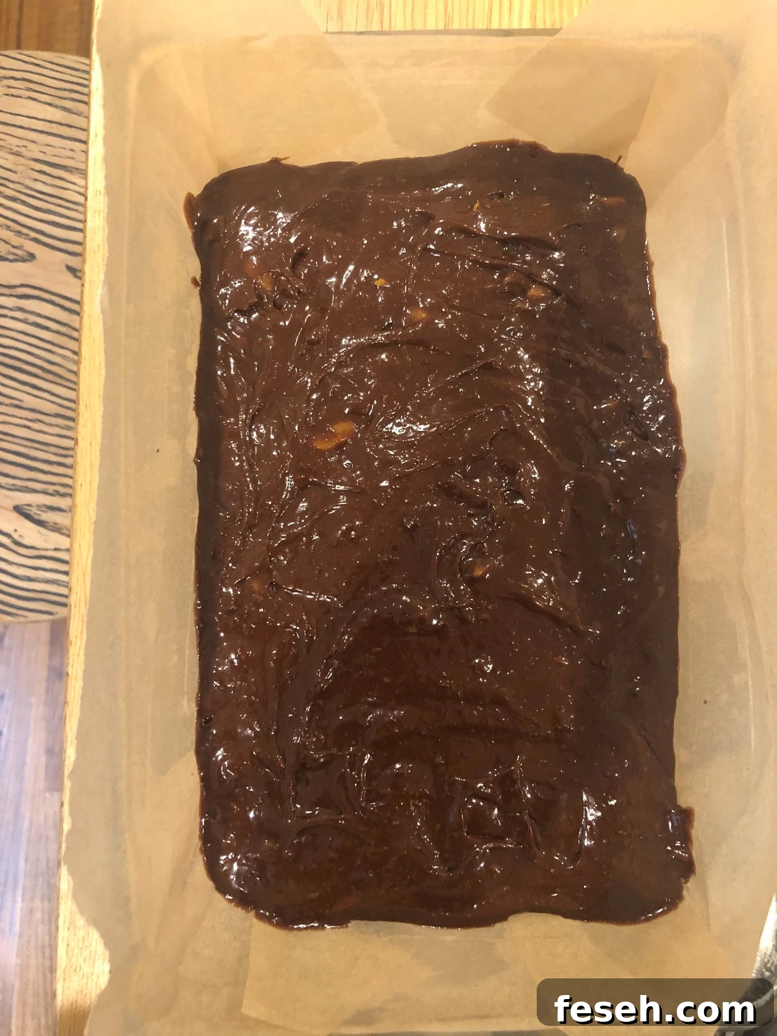 Brownie batter in the pan.