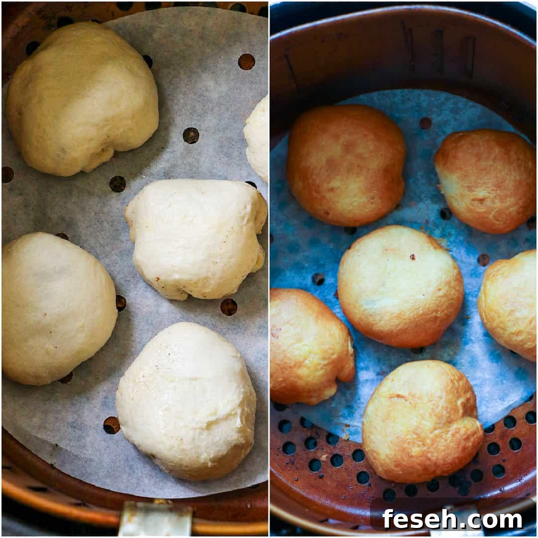 Collage showing uncooked fritters in air fryer and cooked fritters in air fryer.