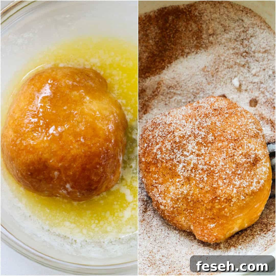 Collage showing a stuffed biscuit getting dipped in melted butter and then coated in cinnamon sugar.