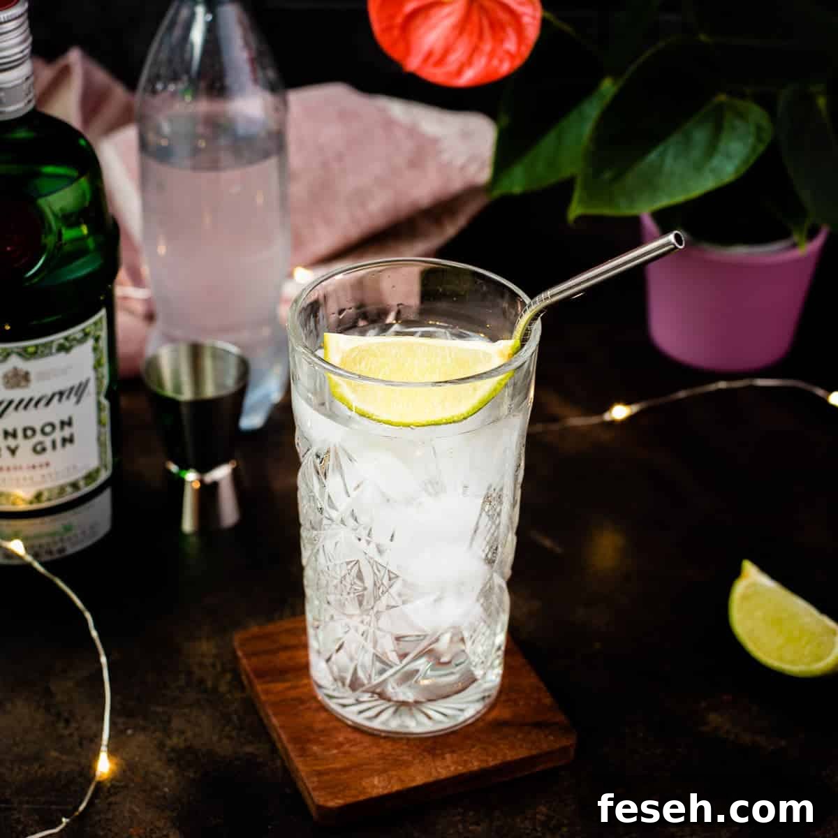 Highball glass filled with gin and tonic, garnished with lime
