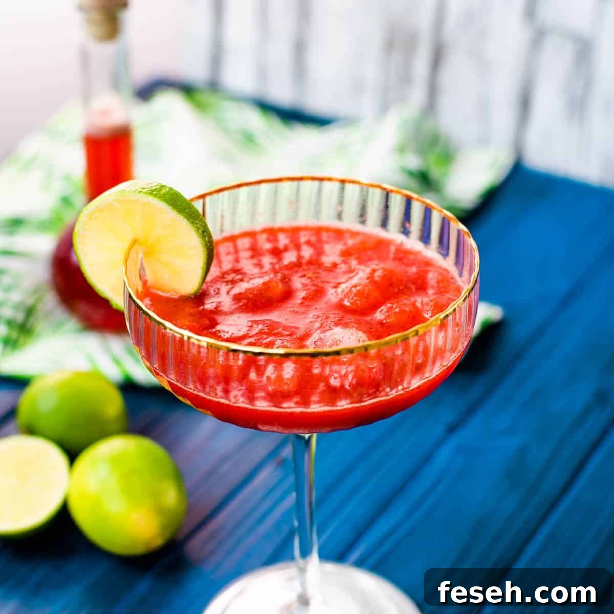 Gorgeous cocktail glass, with golden rim, filled with frozen strawberry daiquiri.