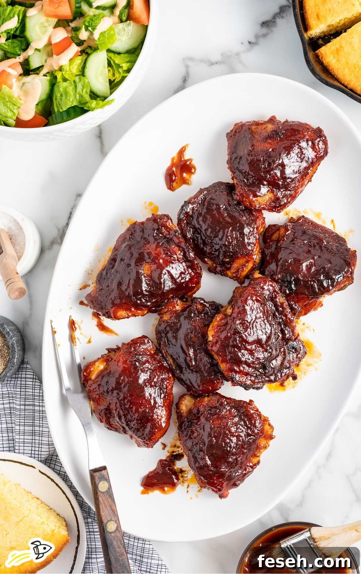 overhead shot of BBQ Chicken Thighs on a baking platter