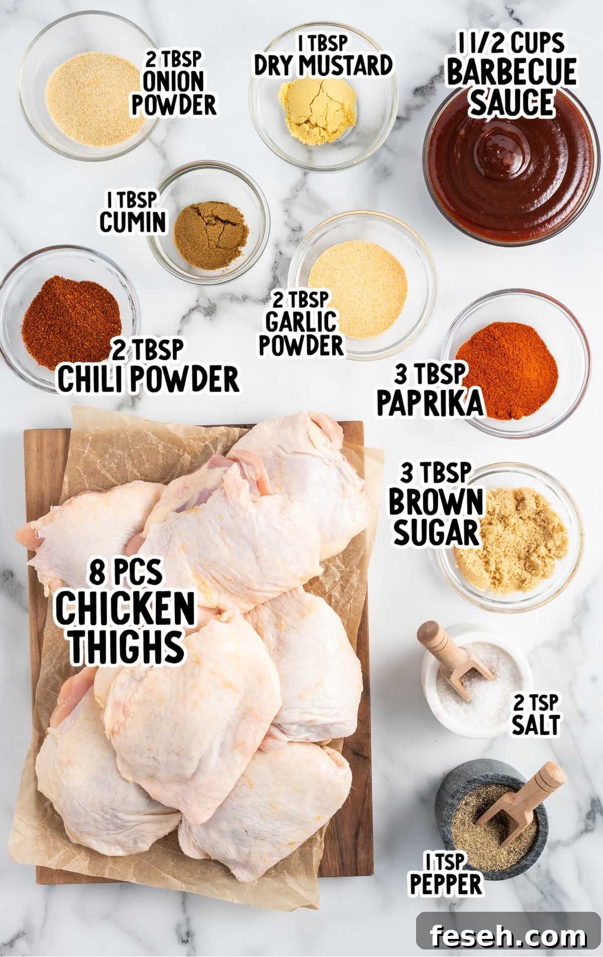 Baked BBQ Chicken Thighs raw ingredients that are labeled