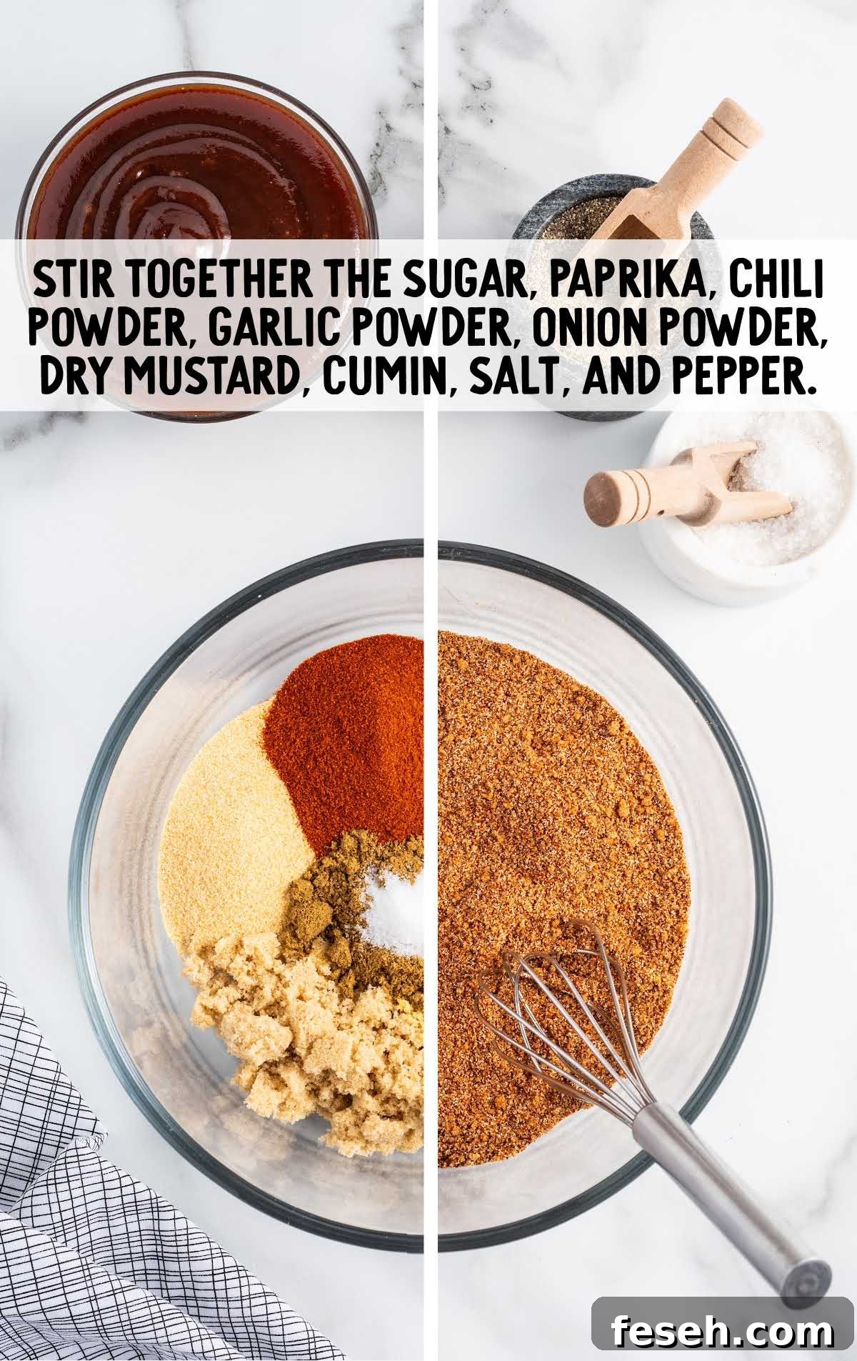 brown sugar, smoked paprika, chili powder, garlic powder, onion powder, dry mustard, cumin, salt, and black pepper combined in a bowl