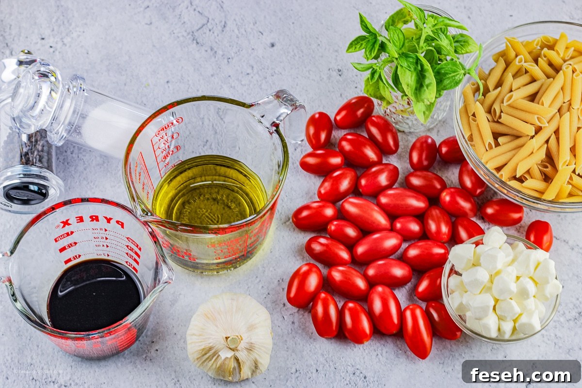 tomatoes, basil, pasta, mozzarella, garlic and balsamic vinegar, ingredients for a pasta salad