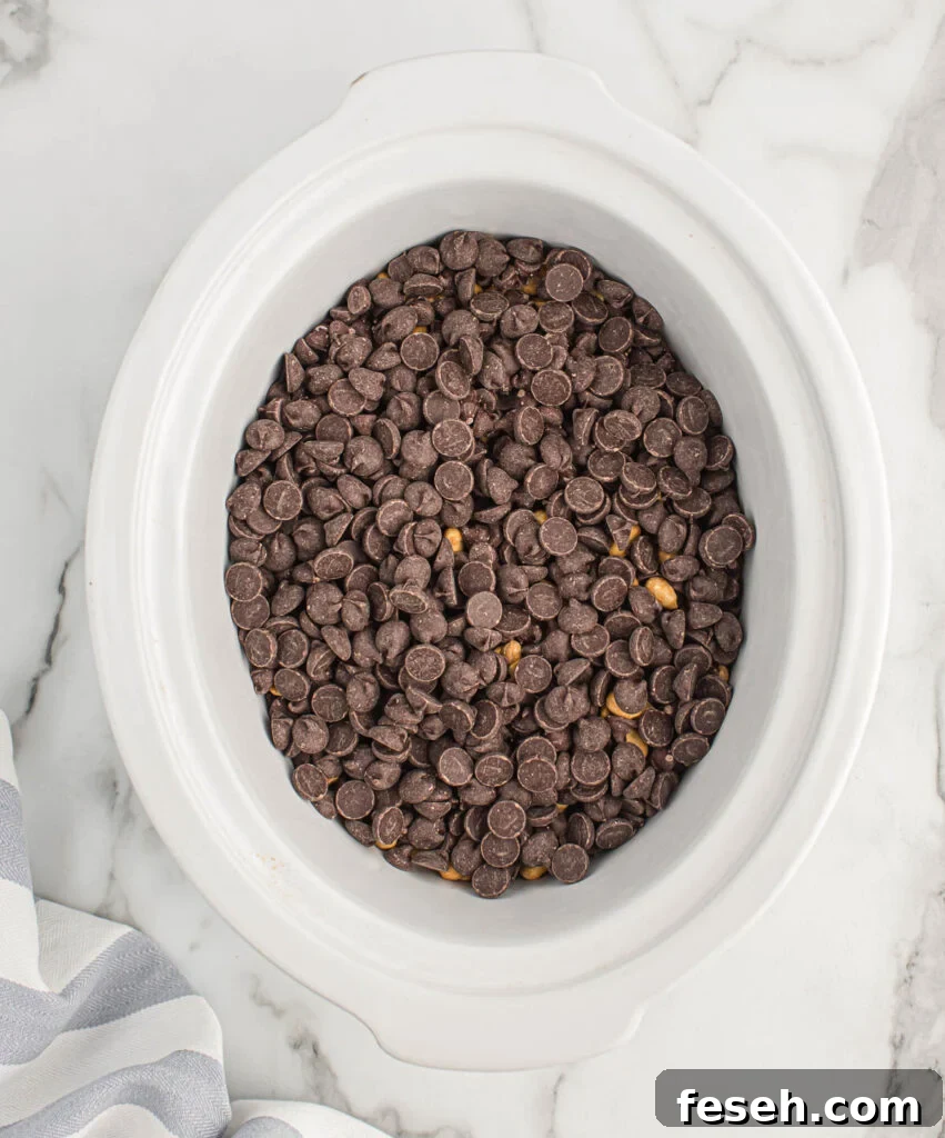chocolate chips added to the peanuts in the slow cooker