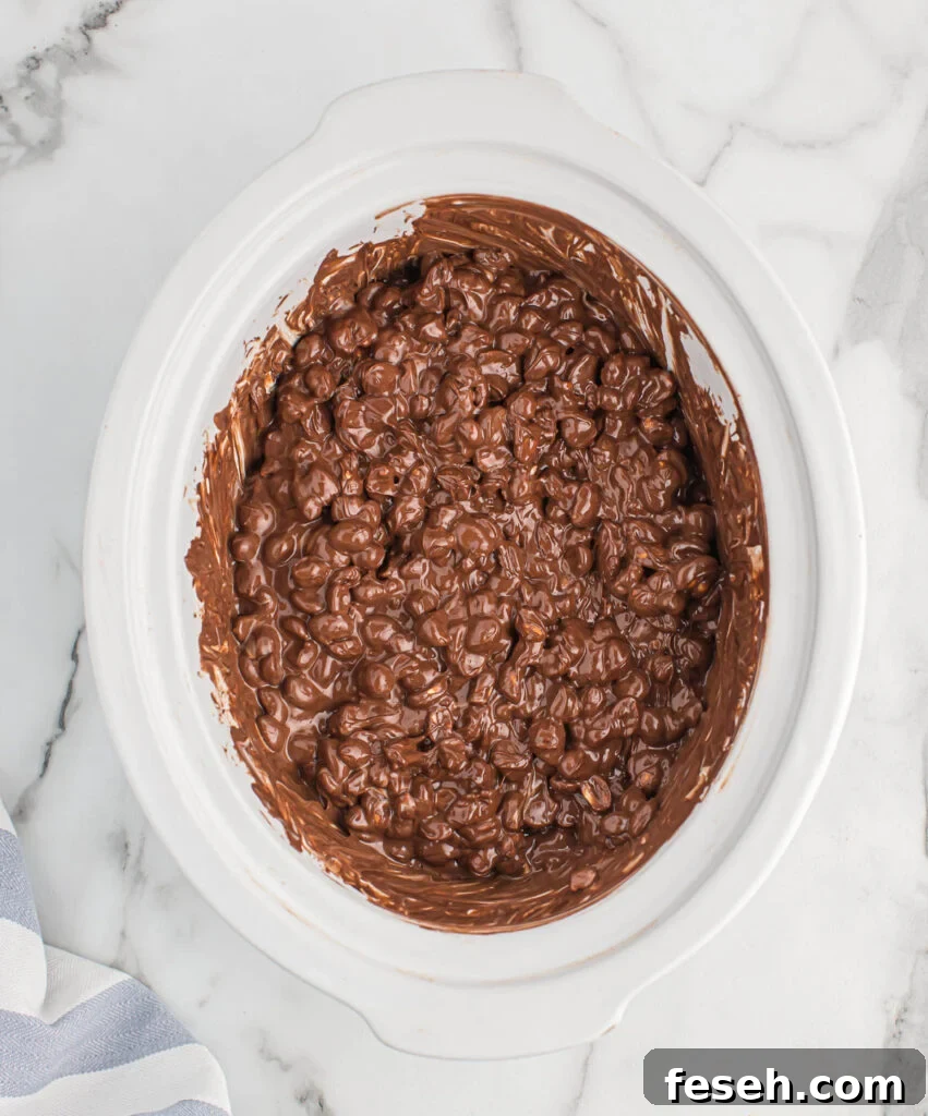 melted chocolate peanuts in the slow cooker