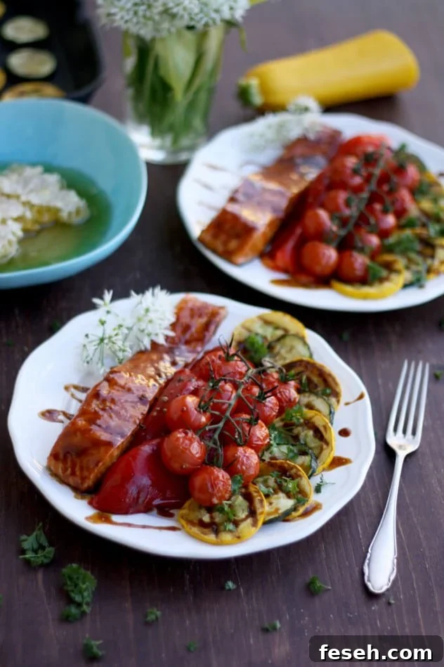 Easy Honey Glazed Salmon with roasted and grilled summer vegetables: Delicious and quick gluten-free weeknight dinner full of nutrients and summer flavors.