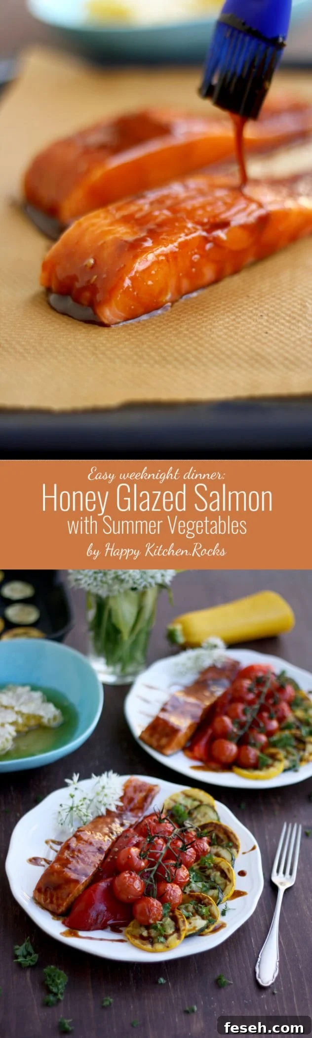 Easy Honey Glazed Salmon with roasted and grilled summer vegetables: Delicious and quick weeknight dinner full of nutrients and summer flavors.