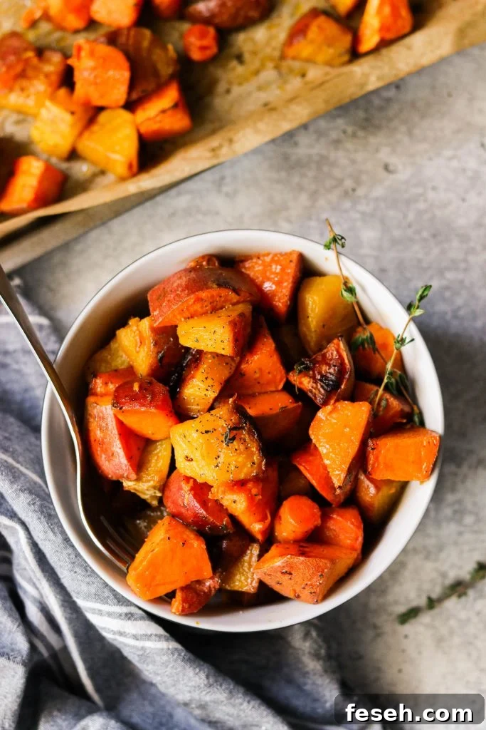 Whole30 roasted root vegetables served in a bowl