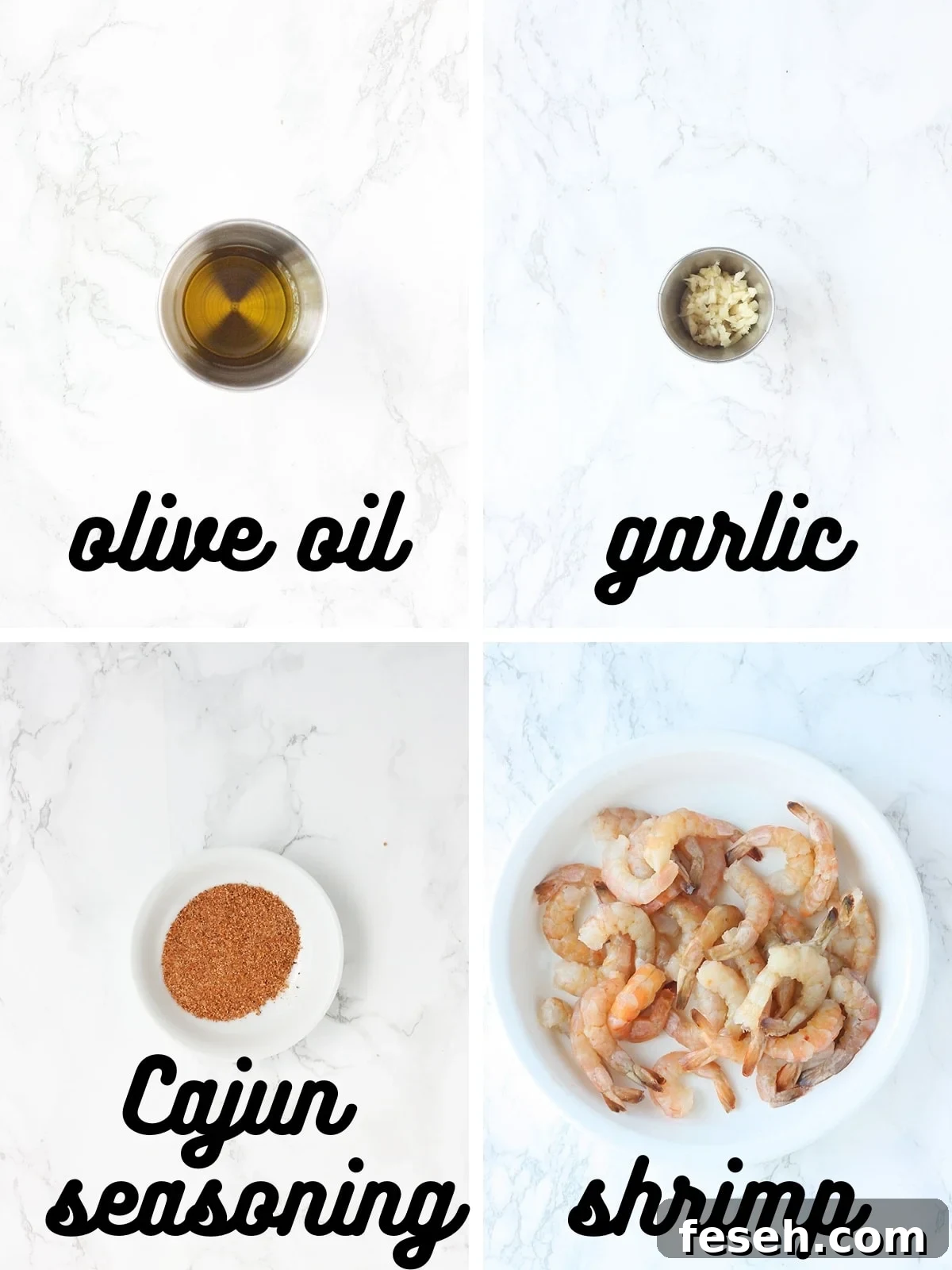 seasoning ingredients for shrimp nachos includes olive oil, minced garlic, Cajun seasoning and one pound of large shrimp