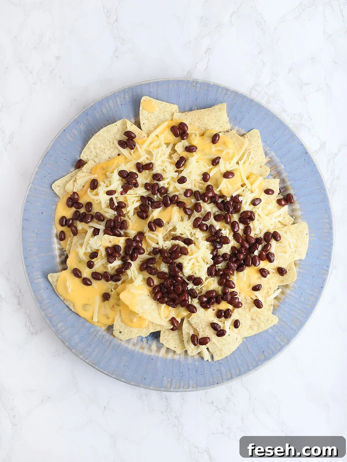 blue platter topped with tortilla chips, chili cheese sauce, Monterrey Jack cheese, and black beans