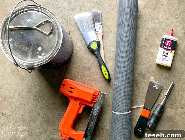 Supplies for vintage screen door restoration
