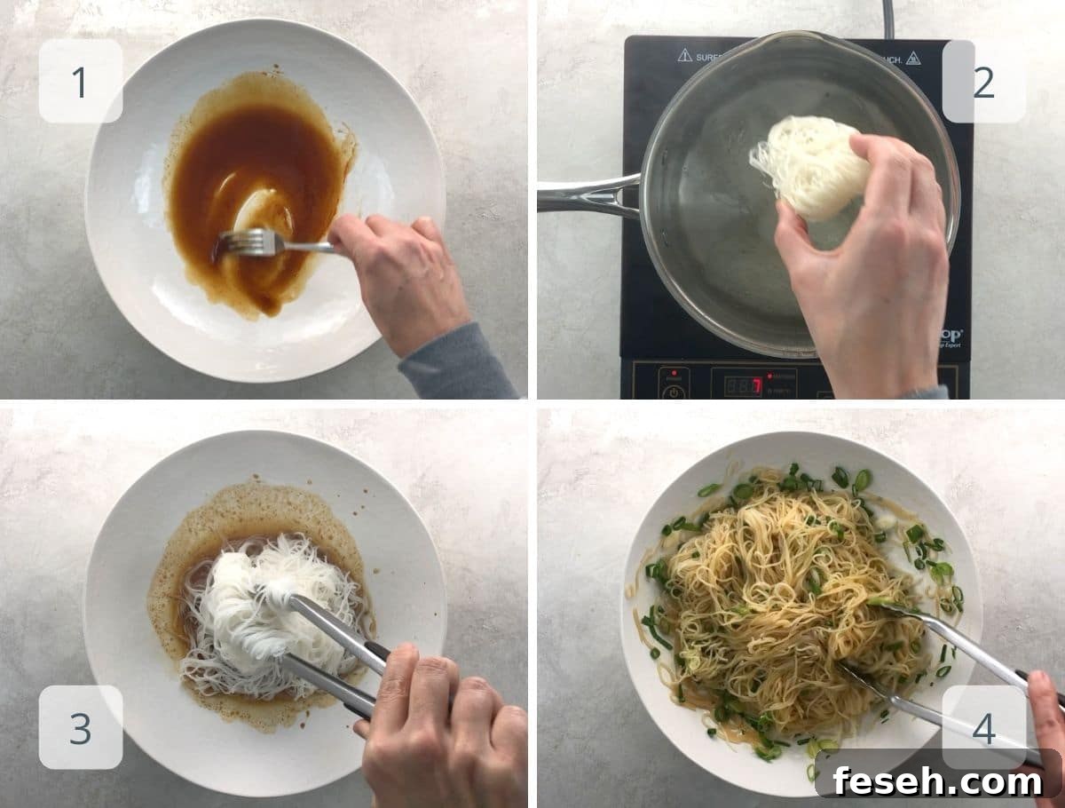 mixing sauce, cooking vermicelli, tossing together