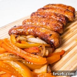 Crispy Juicy Italian Sausage in the Air Fryer 8 ready to eat italian sausage and peppers close up image