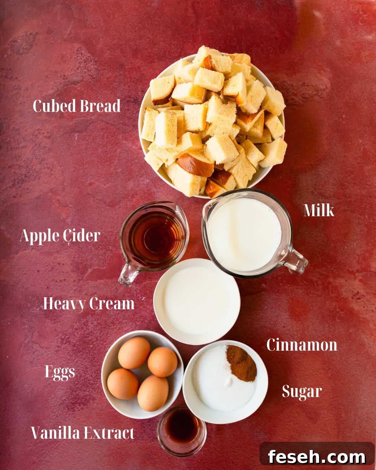 Apple Bread Pudding Gather day old or stale buttery bread, eggs, apple cider, sugar, milk, heavy cream, ground cinnamon and nutmeg, salt and vanilla extract.