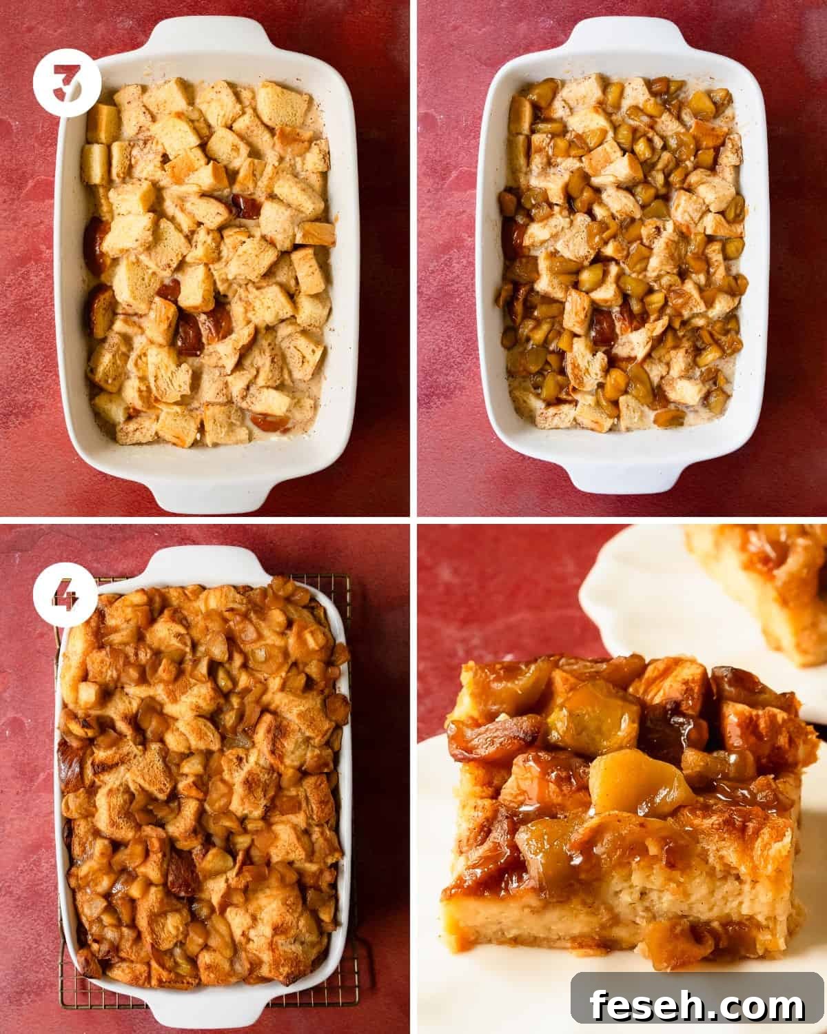 Pour a tablespoon (15 ml) of melted butter into the bottom of a 9x13 oven safe casserole dish. Slice day old and stale bread into 1 inch cubes. If the bread isn’t stale enough, toast the slices of bread in a toaster oven or bake in a 350 F oven for about 10 - 15 minutes or until the bread is dried out.  In a large mixing bowl, whisk the eggs until lightly beaten. Whisk in the cooled reduced apple cider, milk, heavy cream, sugar, vanilla extract, salt and the ground spices until well combined. Pour the spiced cider custard mixture over the cubed bread. Top the custard and bread with the cooled cooked apples. Reserve about ½ cup of cooked apples for topping right before baking (optional). Gently mix the bread and apples into the spiced custard. Allow the bread pudding mixture to rest and soak in the apple cider custard while the oven preheats. Preheat the oven to 350 F (177 C). After the oven has pre-heated for about 30 minutes top the apple bread pudding with the remaining cooked apples and transfer the bread pudding into the oven.  Bake the bread pudding  for 45 - 60 minutes. The center should be puffed up as high as the sides. A toothpick inserted into the center should come out with a few moist crumbs. While the bread pudding bakes, make the caramel sauce. Once the bread apple pudding has finished baking, cool the dish for 10 - 15 minutes before serving. Right before serving, top the bread pudding caramel sauce and ice cream, vanilla sauce or simply dust with powdered sugar and serve with freshly whipped cream on the side.