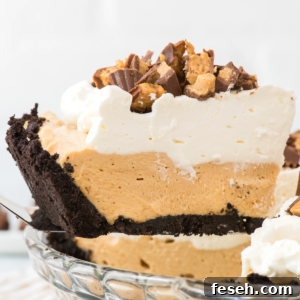 A slice of creamy no bake peanut butter pie with a chocolate cookie crust, topped with whipped cream and chopped peanut butter cups, being lifted from a glass pie dish.