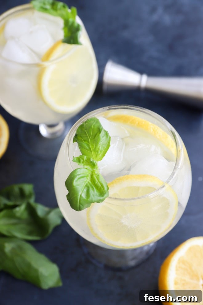 Picture of large goblet with lemon basil cocktail