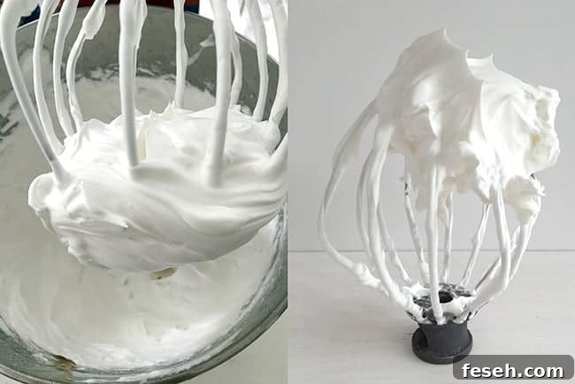 Two images showing whisk attachment covered in glossy, stiff peaks of meringue.