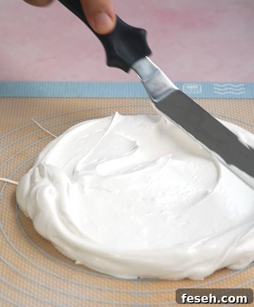 An offset spatula spreading meringue onto a silicone baking mat.