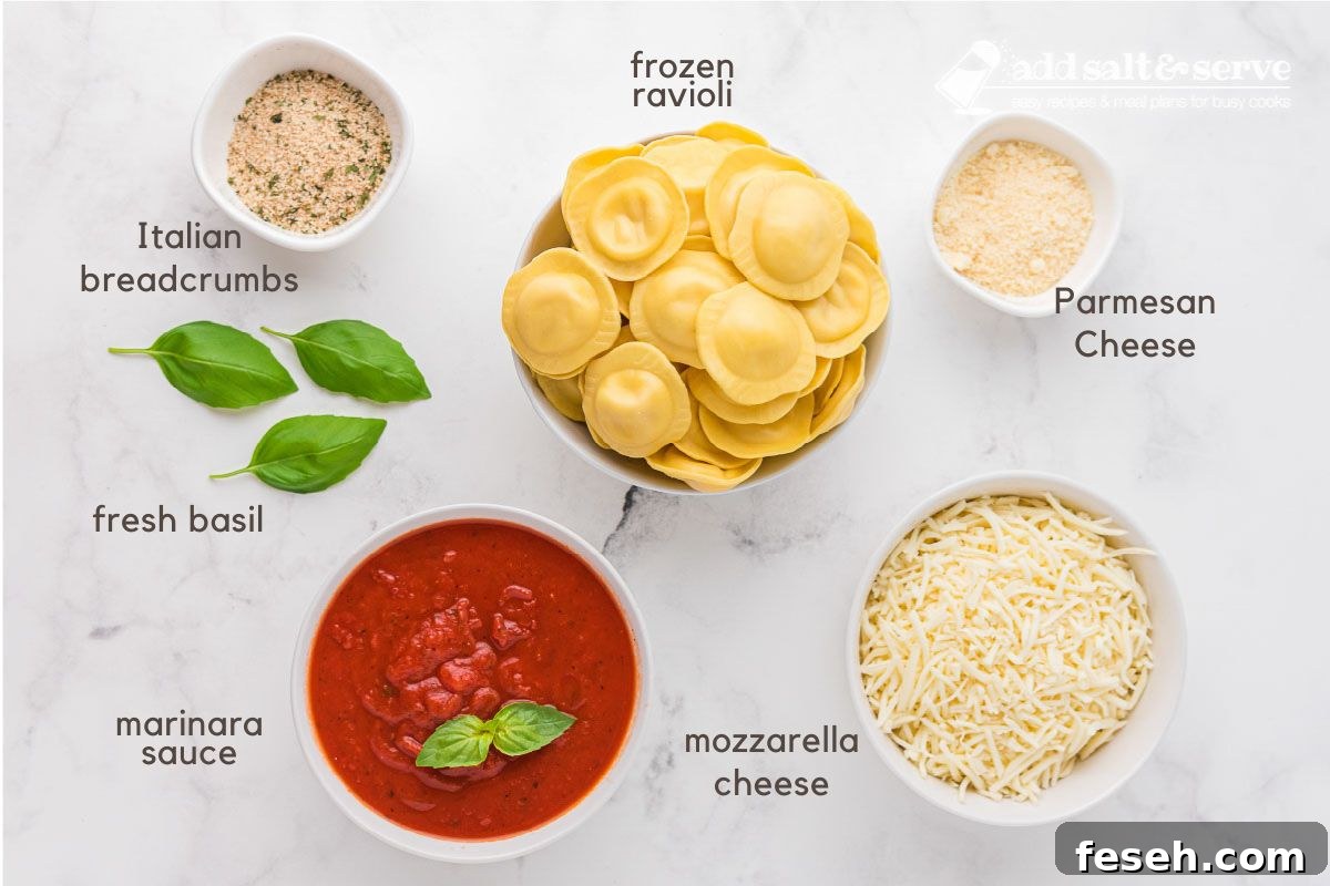 Ingredients for Baked Frozen Ravioli: frozen ravioli, breadcrumbs, Parmesan cheese, marinara sauce, mozzarella cheese, and fresh basil.