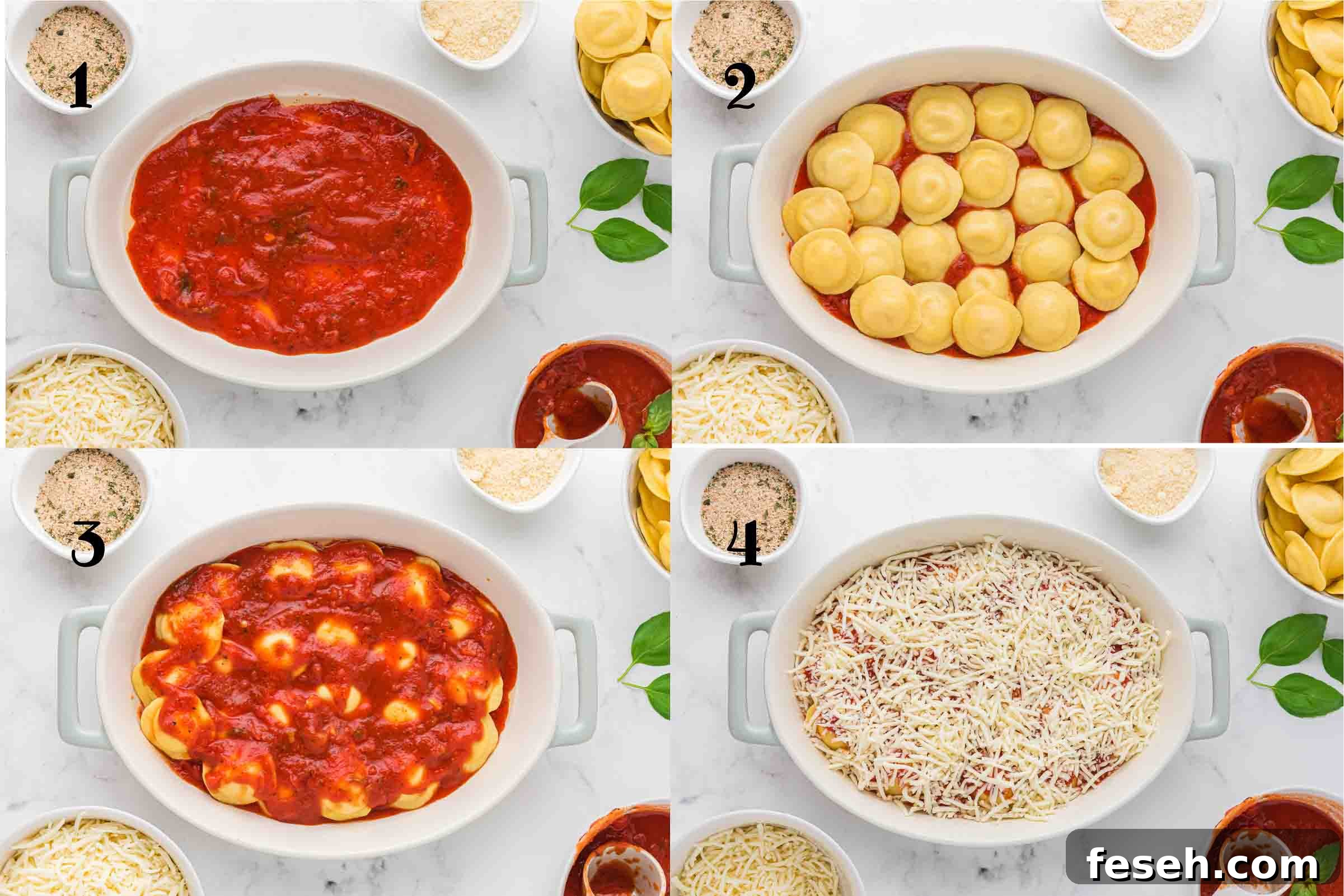 Steps showing sauce in a baking dish, ravioli layered, more sauce added, and mozzarella on top.