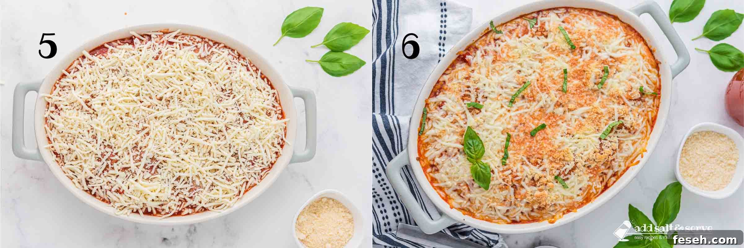 Baked ravioli casserole before and after baking, garnished with basil.